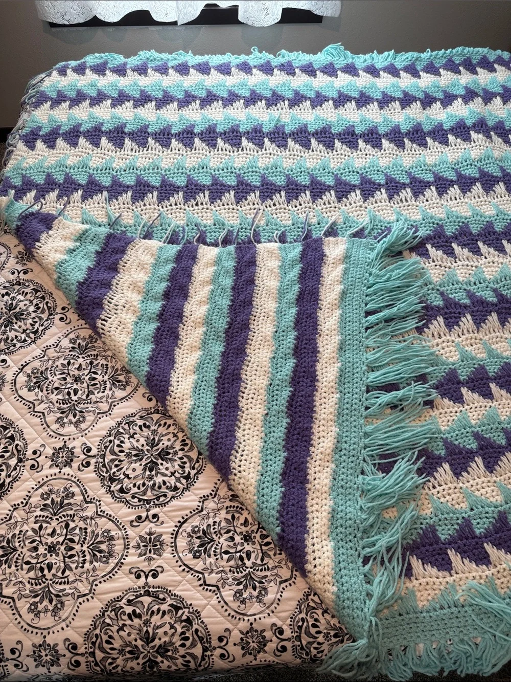 Handmade Chevron Throw Blanket in turquoise , Purple & white